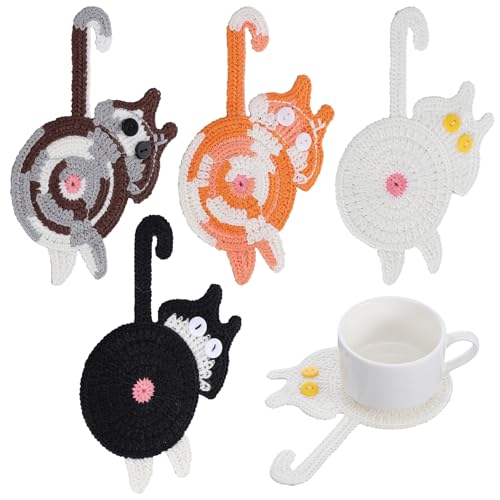 4 Stück Katzen Glas Untersetzer-Set, Bunte Gewebte Coasters, Hitzebeständige Tassenuntersetzer, Niedliche Untersetzer für Gläser, für Schreibtische, Esstische, Küchen, Geschenkideen, Katzenliebhaber
