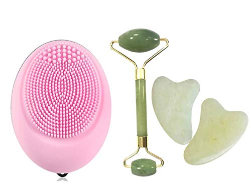 rodillo masajeador facial de piedra jade cuarzo y Cepillo Limpiador de Silicona Orgánica Masaje exfoliante rejuvenece rostro cara cuello y ojos con esta herramienta perfecta cuidar tu piel
