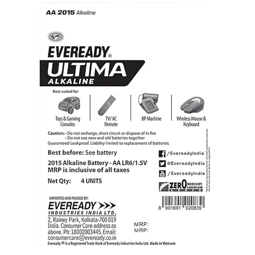 Image of Eveready Ultima AA 2015 Akaline Battery, Pack of 4