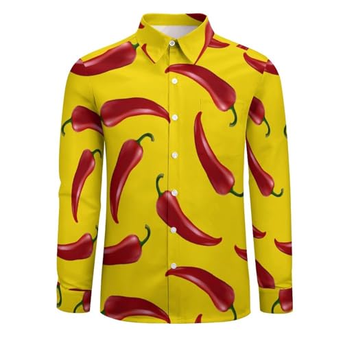 Long Sleeve Button Down Shirts for Men - Chili Pepper Print Yellow V-Neck Casual Button Up Shirt Men with Pocket3