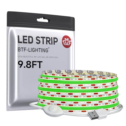 Image of BTF-LIGHTING FCOB COB LED Strip Lights 5V USB Powered Green Color for TV | 9.8FT 960LEDs CRI90+ Dimmable Super Bright LED Light with 3M Tape for TV Backlight PC 3D Printer Cabinet Home DIY Lighting