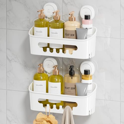 LEVERLOC Shower Caddy Suction Cup 2 Pack Shower Organizer Removable Bathroom Shelf Storage Suction Powerful Max Hold 22lbs Bathroom Caddy Waterproof Holder White
