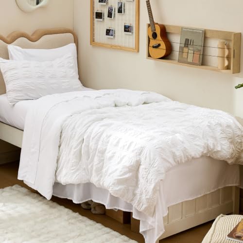 Bedsure White Twin XL Comforter Sets -5 Piece Seersucker Twin XL Bed in a Bag, Lightweight Soft White Comforter Set for College Dorm (Comforters, Sheets, Pillowcases & Shams)