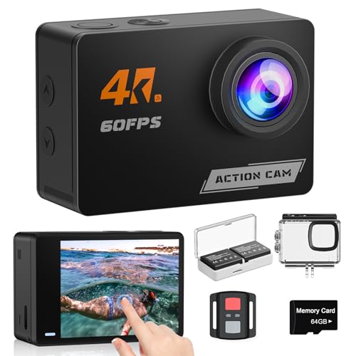 Action Cam 4K60FPS Con Scheda SD 64GB – Subacquea 20m, Touchscreen, 48MP, Stabilizzazione 6 Assi, Wi-Fi E Telecomando