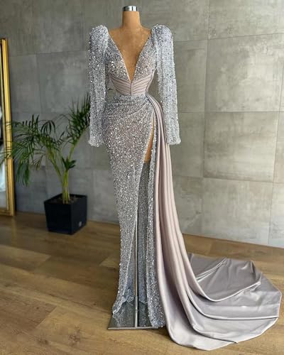 Long Sleeves Sparkly Sequins Prom Dress Women's Deep V Neck Mermaid Long Ball Celebrity Gala Pageant Evening Party Gown4
