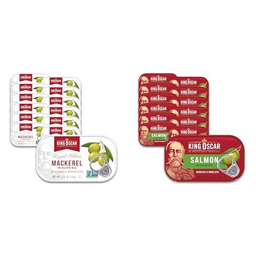 King Oscar Bundle: Mackerel & Salmon in Olive Oil, 4.05 Ounce Cans (Pack of 12 Each), Skinless & Boneless Wild Caught Mackerel and Premium Salmon