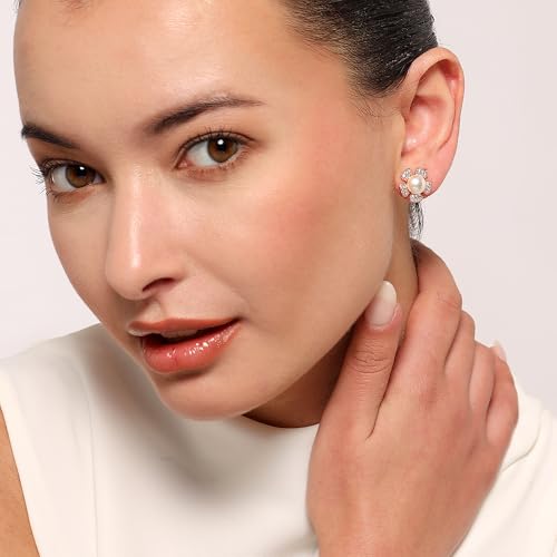 Image of Nilu's Collection Rose Gold Plated Triangular Design Pearl Stud Earrings With American Diamond for Women And Girls | Gift For Her | Anti- Allergy |Anti-Tarnish | Office Wear