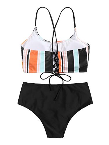 Sweatyrocks Women's Bathing Suits Striped Criss Cross Bikini Set High Waisted Swimsuits Multicoloured L #TOP1