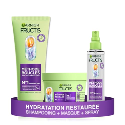 GARNIER FRUCTIS – Méthode Boucles – Routine Cheveux Bouclés – Shampooing (200 ml) + Masque (370 ml) + Spray (150 ml) – Acide Hyaluronique & Beurre De Karité – Sans Silicone, Ni Sulfate – Homme & Femme