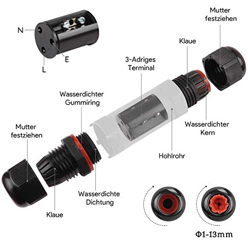 Kabelverbinder Wasserdicht IP68 3-Polig für Ø1-13 mm Kabeldurchmesser, 3 Stück Verteilerdose Außen Erdkabel Abzweigdose Garten Kabelmuffe Verbindungsmuffe Verbindungsbox, aus Nylon