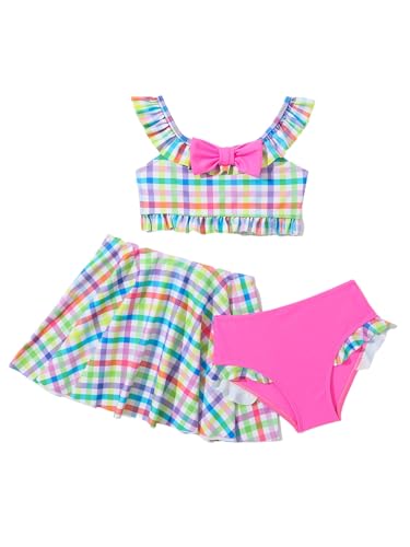 Big Girls 3 Pcs Bathing Suits Ruffles Swim Crop Top Brief with Swimskirts Bikini Sets