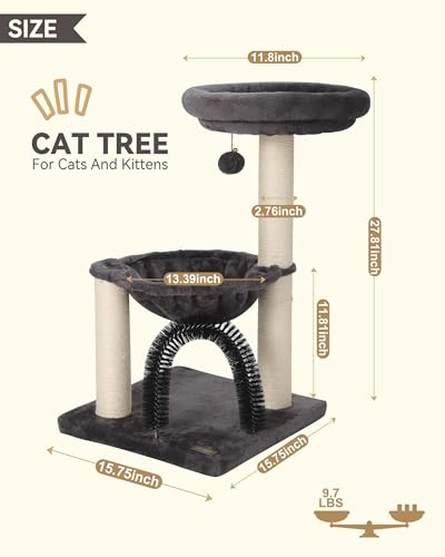 Image of FluffyDream Cat Tree Tower for Indoor Cats, 27.8 Inches Multi-Level Cat Tree with Scratching Posts Plush Basket & Perch for Play Rest, Cat Activity Tree with Dangling Ball for Kittens /Small Cats