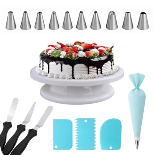 Image of Cake Making Set Combo -360-Degree Rotating TurntableTable, 12 Piece Cake Decorating Nozzle,3 Scraper Set,3 Pcs Stainless Steel Knif (Combo 6)