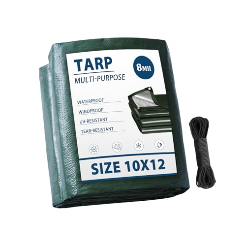 Vandham Tarp Waterproof 10x12 Multi-Purpose Green Camping Tarps 8Mil Thick with Reinforced Grommets for Under Pool Emergency Rain Cover Outdoor