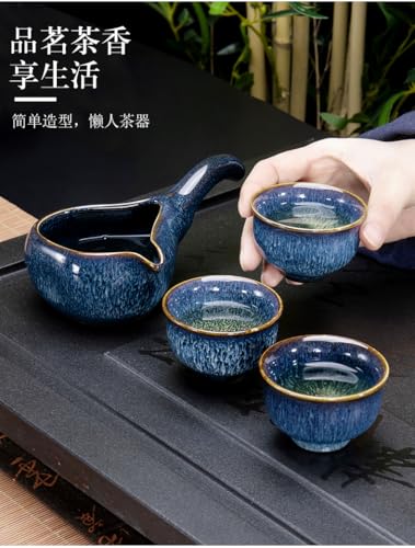 Image of Kiln Glaze Ceramic Tea Set Gift Box (9-Piece), 10oz Teapot, Fairness Cup, Strainer & 6 Tea Cups Kiln-Transformed Glaze in Ocean Blue, Chinese Artisan Tea Collection (Set blue)