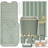 XLHOMO 26PC Bathroom Accessories Set - Gorgeous Sage Green Bathroom Set, Bathroom Accessory Set, Shower Curtain Set with Bathtub Mats for Shower Tub, Trash Can & Soap Dispenser