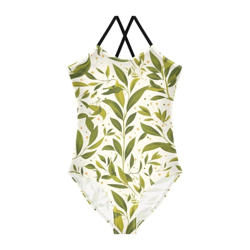KLL Green Branch Olive Seamless Pattern Toddler Girls 1 Piece Swimsuit Summer Swimwear Adjustable Shoulder Strap Quick-Dry