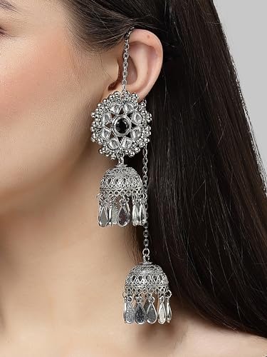 Image of Karatcart Gold Plated Pearl Chain Kundan Kaanchain Earrings for Women