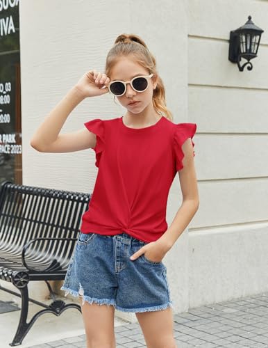 Image of Arshiner Girls Shirt - Short-Sleeve Twist Front T-Shirt for Girls with Cute Flying Sleeves - Summer Blouse Tunic Tee Tops
