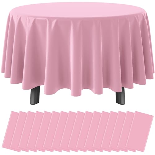 Image of 16 Pack Light Pink Plastic Tablecloth for Round Tables, Premium Decorative Pink Disposable Table Cloths for Parties, Bulk Round Party Table Cover for Birthday Wedding Anniversary Graduation, 84 Inch