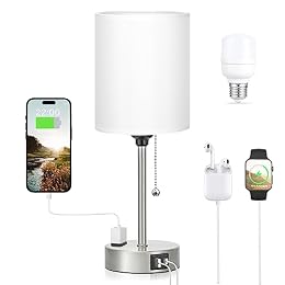 White Bedside Lamp for Bedroom - 3 Color Temperatures Desk Lamp with USB C and A Ports, Pull Chain Table Lamp with AC Outlet, Nightstand Lamp with Silver Metal Base for Kids Girls