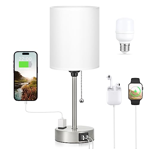 Image of White Bedside Lamp for Bedroom - 3 Color Temperatures Desk Lamp with USB C and A Ports, Pull Chain Table Lamp with AC Outlet, Nightstand Lamp with Silver Metal Base for Kids Girls