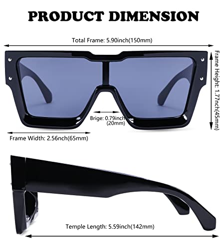 Nulooq Retro Millionaire Sunglasses For Women Men Vintage Fashion Flat Top Thick Frame Square Sun Glasses Punk Rock Hip Hop Style (Black Frame/Gray Lens) #TOP1