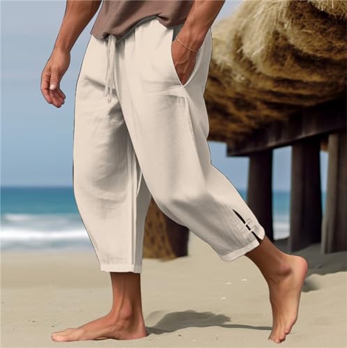 Wankang Men's Casual Linen Cotton Harem Pants Loose Lightweight Capri Slacks Elastic Waist Hippie Beach Yoga Pants for Men2