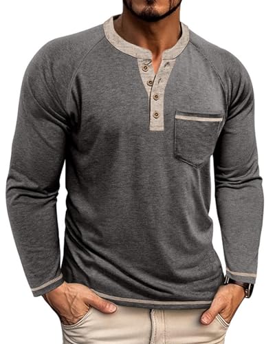 LAOARA T Shirt à Manches Longues Homme Henley Tee Shirt Ouvert Col Boutonné M-3XL