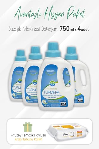 Jel Bulaşık Makinesi Deterjanı 750 ml x 4 Adet ve Arap Sabunlu Yüzey Temizlik 100'lü