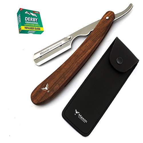 Maxon Derby Scheermes van natuurlijk hout, 100 stuks, lederen etui, roestvrij staal met reservemesjes, scheerset voor heren, verwisselbare messen Ustura - rechte scheerset