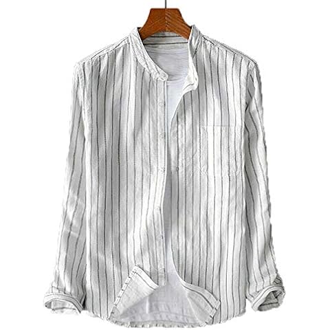 Men's Casual Long Sleeve Shirts Classical Stretch Button Down Striped Collarless Cotton Blouse Tops Plus Size (White, XL) Cover