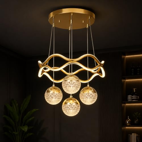 Image of Elegant Chandelier Ceiling Light for Living Room Hanging Pendant Light | Italian K9 Crystals | Metal Frame | Adjustable LED Light-Pack of 1 (4 Ball Light-Gold)