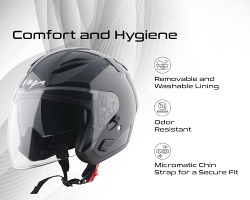 Image of Vega VO 03 Swift Dual Visor Open Face Motorcycle Helmet with Aerodynamic Lightweight Shell, Shock-Absorbing Interior, Comfortable Fit, Trendy Black Finish Black XL