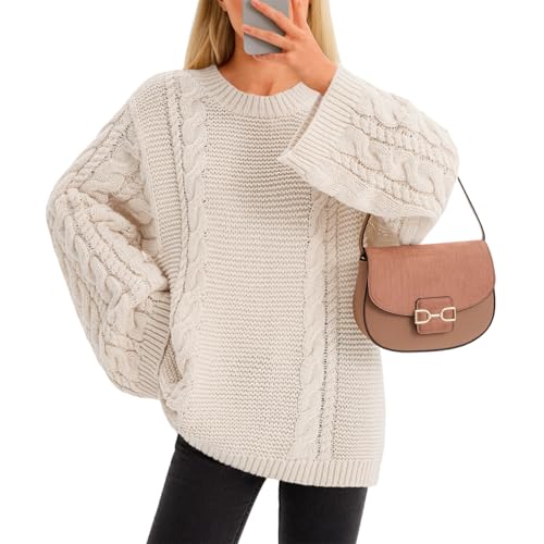 Yousify Womens Oversized Cable Knit Sweaters Long Sleeve Crewneck Casual Fall Chunky Pullover...