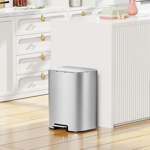 Image of KUK 5.3 Gallon Kitchen Trash Can with Lid, Heavy Duty Hands-Free Stainless Steel Commercial Step Trash Bin with Removable Inner Bucket, Pedal Rubbish Bin for Home Office and Kitchen, 20L /5.3Gal