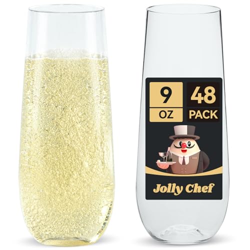 Comparison: Best Plastic Champagne Flutes 8 JOLLY CHEF 48 Pack Stemless Plastic Champagne Flutes 9 oz, Crystal Clear Stemless Plastic Toasting Glasses, Clear Disposable Unbreakable Drinkware Ideal for Wedding, Birthday, Party
