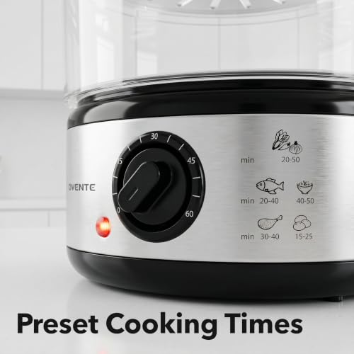 Image of OVENTE 2-Tier Electric Food Steamer, 5 Quart Stainless Steel Stackable Steam Cooker with 400W Power, 60-Minute Timer & Auto Shut-Off, Dishwasher Safe, Healthy Vegetable & Seafood Steamer, Silver FS62S