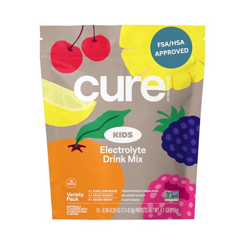 Cure Hydration - Kids Electrolyte Drink Mix | Plant-Based Pediatrician Formulated Rehydration | No Added Sugar, FSA-HSA, Non-GMO, Gluten-Free, No Artificial Flavors | 15 Packets - Variety Pack