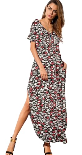Image of GRECERELLE Women's Summer Maxi Dress Casual Loose V Neck Short Sleeve Side Split Long Dresses with Functional Pockets