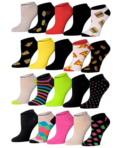 Image of Tipi Toe Women's & Girls 20 Pairs Colorful Patterned No Show Socks For Women Size 9-11