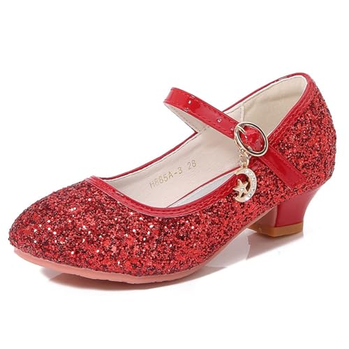 Hixingo Zapatos de Princesa con Purpurina para Niñas, Lentejuelas Zapatos de Vestir Mary Jane Tacón Bajo Sandalias Elegantes para Fiesta Cosplay Bodas Cumpleaños Regalo, 25-34 (Rojo,25)