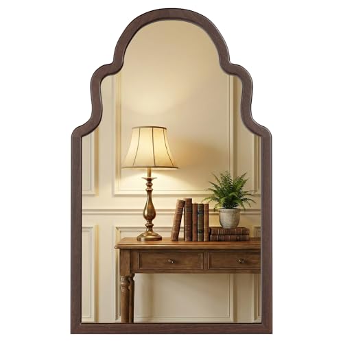 Pocetry 40"x24" Walnut Arched Mirror, Solid Wood Frame for Vanity,