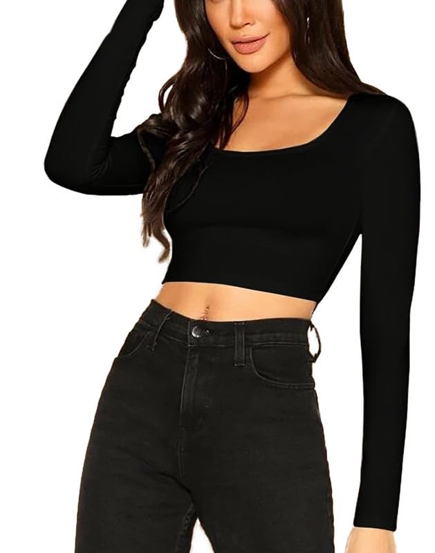 Women Cotton Comfy Stretchable Scoop Oval Neck Long Sleeve Crop Top T-Shirt for Girls L2656-image-10