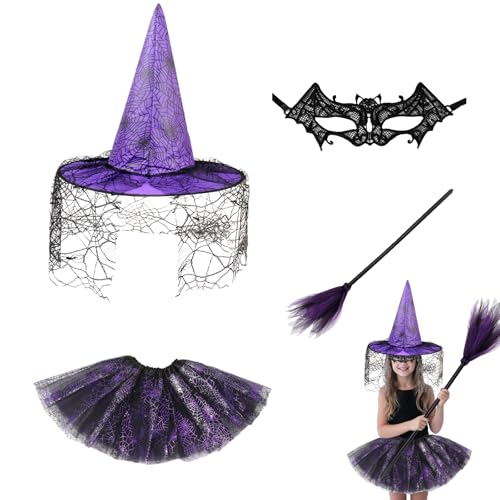 CLDURHGE Halloween Costumes for Kids Witch Outfit, Complete Purple Witch Set with Hat, Bat Mask, Tutu Skirt & Detachable Broomstick for Girls Fancy Dress Up Party Cosplay