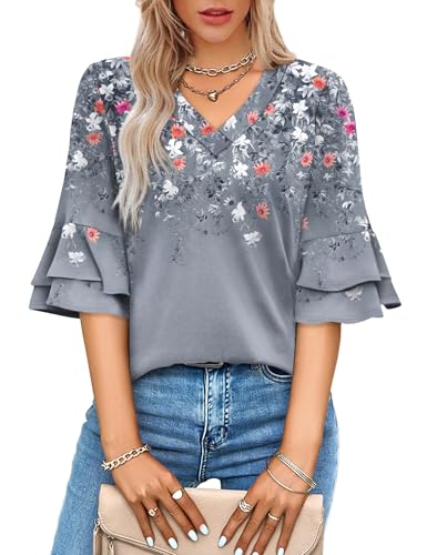 Image of OFEEFAN Spring Tops for Women Boho Shirts Fashion Clothing Cute 3 /4 Length Sleeve Blouses Dressy Casual Summer Outfits