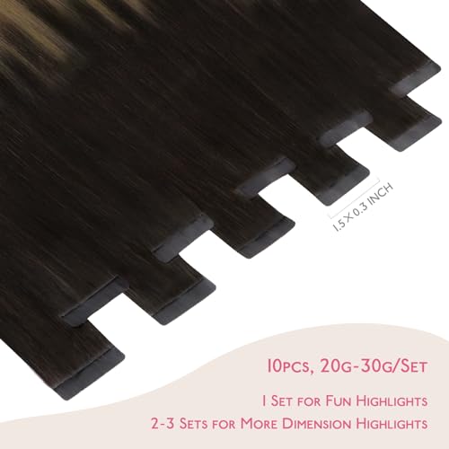 Image of WENNALIFE Tape in Hair Extensions Human Hair Dark Brown to Chestnut Brown and Dirty Blonde Highlighted Tape in Extensions, 10pcs 25g 14 inch Remy Invisible Tape Ins Straight Colored Soft Refill Set