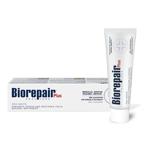Biorepair Pasta de dientes Plus Pro White para restaurar la blancura de los dientes - MicroRepair 200 mg/g hidroxiapatita sin fluoruro - Previene el sarro y restaura la blancura natural de los dientes