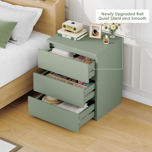 Image of FOTOSOK Nightstand with 3 Drawers, Bedside Table Night Stand for Bedroom with Cut-Out Handle, Sofa Side Table 3 Drawer Nightstand for Bedroom, 17.7W*15D*21.7H, Green