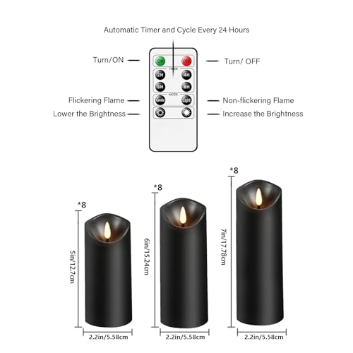 Image of Nimiko Flameless Candles with Remote, Battery Operated Flickering Flameless Candles, LED Candles with Timer 2 /4 /6 /8H, with Realistic LED Candles Set of 24 (D2.2 x H 5 inch 6 inch 7 inch) (Black)